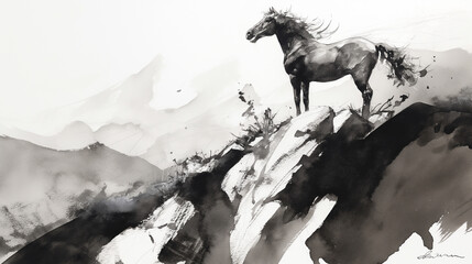 Esboço de um cavalo no topo de uma montanha - Ilustração - obrazy, fototapety, plakaty