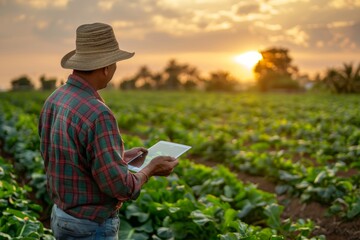 Farmer using tablet at sunset on the farm.