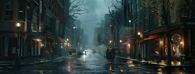 a city street at night, devoid of cars, with a dark night style that exudes a sense of tranquility and mystery.
