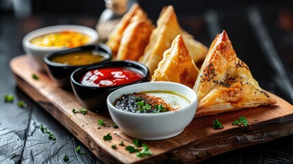 mini triangle puff pastry pies served on a wooden board, accompanied by assorted dipping sauces at a lively function.