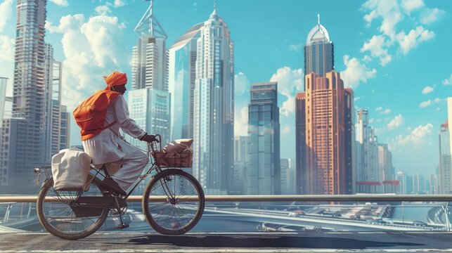 Mumbai. Traditional meal delivery by dabbawala among towering skyscrapers on his bike