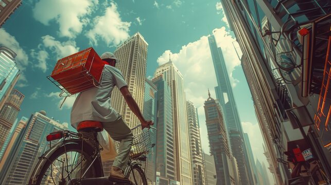Mumbai. Skyscrapers tower over a dabbawala delivering meals in the financial area by bike