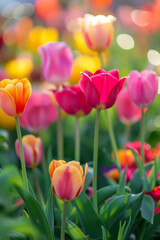 Obraz premium Colorful tulips in full bloom. Spring flowers in the garden. Bokeh background.