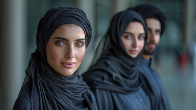 Beautiful arab middle-eastern women with traditional abaya dress and middle easter man wearing kandora in studio - Group of arabic muslim adults portrait in Dubai, United Arab Emirates.