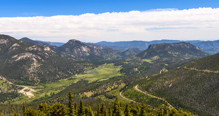 Mountain Valley Overlook - An overview of Fall River Valley and its surrounding mountains, as seen from Rainbow Curve Overlook of Trail Ridge Road, on a sunny Spring day, Rocky Mountain National Park.