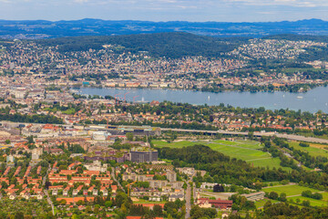 Aerial panorama of Zurich city and Lake Zurich from the Uetliberg mountain, Switzerland