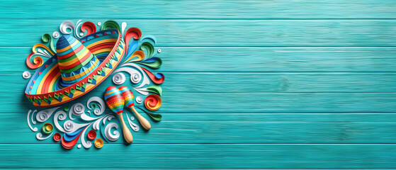 Vibrant Paper Quilling Art of Mexican Sombrero and Maracas on Teal Wooden Texture: Perfect Banner for Cinco de Mayo Website - obrazy, fototapety, plakaty