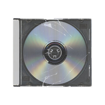 cracked isolated old music CD disc jewel case with compact disk and no cover in transparent background, y2k style