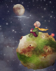 The Little Prince on his little planet  with rose in front of beautiful night sky and  moon, illustration art