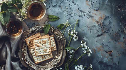 Jewish holiday Passover concept with matzah and copy space. Top view - obrazy, fototapety, plakaty