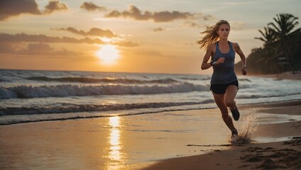 Fototapeta na wymiar woman running on the beach at sunset