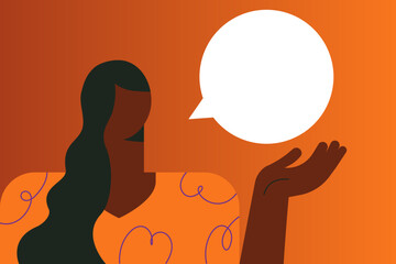 Dark-skinned woman with a speech bubble. Portrait of an african american girl talking, saying something. Expressing opinion, communication concept. Flat vector illustration in brown colors