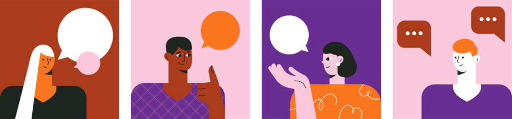 Portrait of talking and saying people. Man and woman with a blank empty speech bubble icons set. Expressing opinion, communication concept. Flat vector illustration in violet. Conversation characters