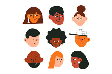 Set of diverse human faces. Diverse group of stylish people. Nine portraits. Different race. Equality, femininity. Flat vector illustration isolated on white background for avatar, icon, logo