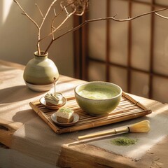 Japanese, Serene, Matcha tea set with whisk and sweets, Balanced, Soft indirect light, Afternoon Tea, Zen Garden Cafe - obrazy, fototapety, plakaty