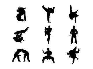 Set of Judo Silhouette in various poses isolated on white background