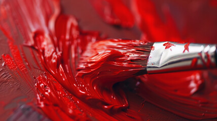 Close-up of a paintbrush bristle loaded with vibrant red paint, ready to create a masterpiece.