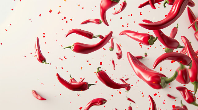 Dynamic image capturing flying red chili peppers on a white background symbolizing energy, flavor, and excitement