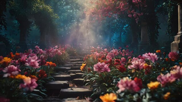 Mystical stone pathway winds through a vibrant flower garden under soft morning light