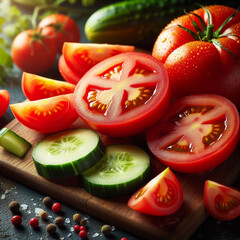 Freshly Sliced Juicy Tomatoes and Cucumbers Displayed on a Wooden Board, Perfect for Healthy Cooking and Salads