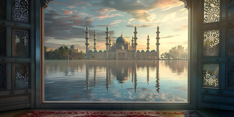 Under water city landscape with mosque  - obrazy, fototapety, plakaty