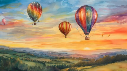Fototapeta premium Sunrise Balloon Adventure Through Countryside./n