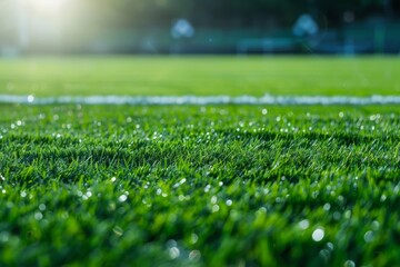 Dew-covered grass on soccer field, close-up view - obrazy, fototapety, plakaty