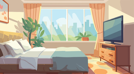 Modern bedroom interior with tv on wall. Vector car