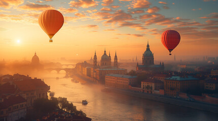 Two hot air balloons are flying over a city with a river in the background - obrazy, fototapety, plakaty