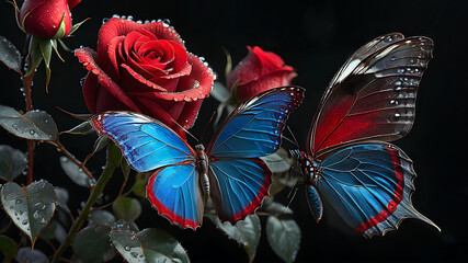 red rose in dew drops and and tropical morpho butterflies on black.