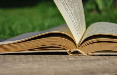 open book with green grass. open book closeup blurred green background. outdoor reading concept