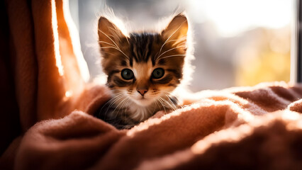 Cute little kitten on the bed at home. Fluffy pet. - obrazy, fototapety, plakaty