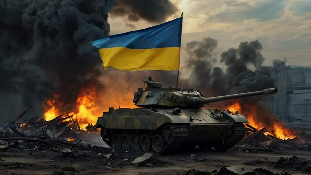 A battle tank of the Ukrainian army at sunset on a wasteland on which the Ukrainian flag is flying in a ruined town. As a concept of Ukrainian war victory and resistance army honour. AI-generated.Ukra