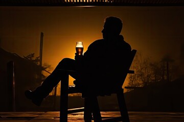 An Alcoholic Drinks Alone, Man Drinking Beer Dark Silhouette, Alcohol Addiction Concept