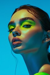 High-fashion portrait of a model with green eyeshadow casting shadows on her face in blue-toned lighting