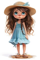 A little girl with long brown hair and big green eyes. She is wearing a straw hat, a blue floral dress, and brown sandals. She has a sly look on her face.