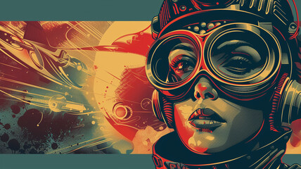 A retro-futuristic adventurer graphical vector face with vintage attire and futuristic gadgets, embarking on thrilling adventures across time and space.