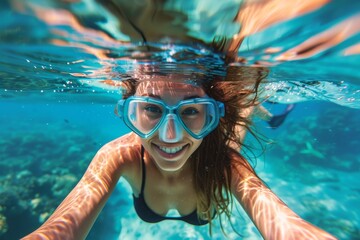 Naklejka premium Happy girl underwater with goggles, bubbly and bright