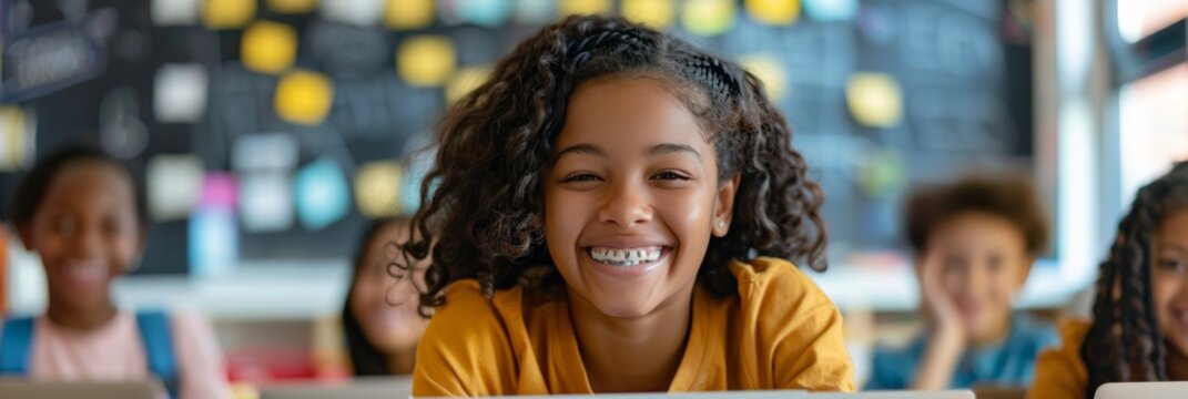 Portrait of enthusiastic African girl deeply absorbed in classroom learning