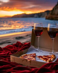 Bask in the glow of a beautiful seaside sunset accompanied by a tasty pizza and red wine for a cozy beachfront dining experience