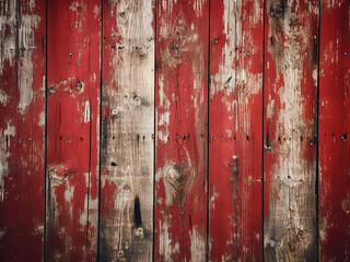 Antique wooden fence or barn shows red paint chips