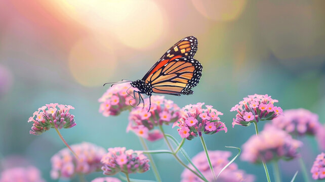 A mesmerizing scene of a monarch butterfly gracefully hovering over a cluster of pink verbena flowers, its wings poised elegantly as it prepares to land.