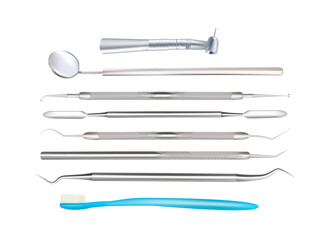 Vector dental tools with tooth brush isolated on white background