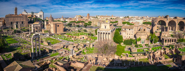 Aerial panoramic view from Palatine Hill. Roman Forum, Cityscape, sunny day ancient Rome, Arch of...
