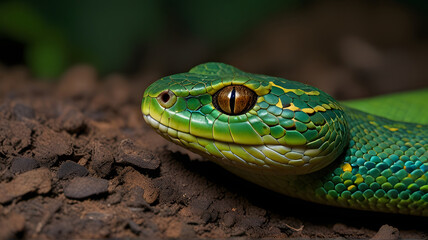Fototapeta premium Emerald Beauty: Unveiling the Green Pit Viper of the Western Ghats (High-Res Photo)