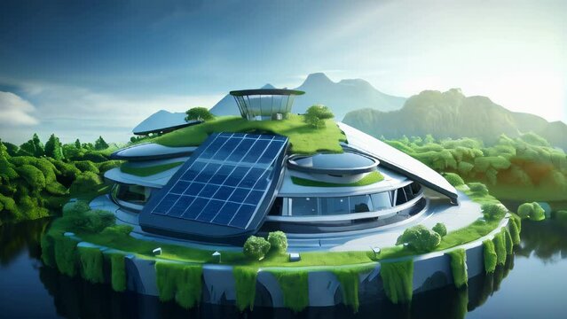 A futuristic eco-friendly house with solar panels on the roof and lush greenery around, situated on a cliff surrounded by forest and mountains.