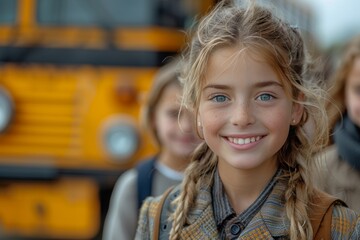 Eager learner at bus stop: excited girl ready to board school bus