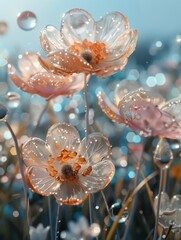 The image features a collection of delicate, translucent flowers covered in dewdrops, seemingly glowing from internal lighting