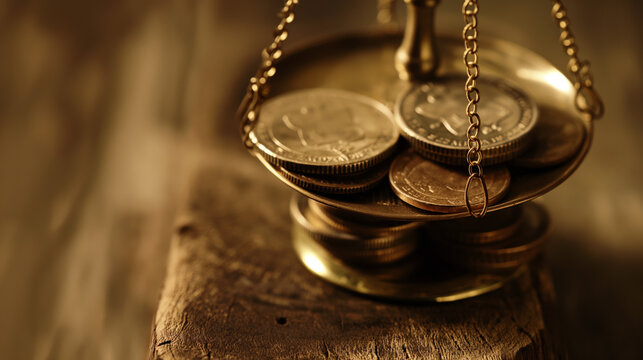 A vintage aesthetic image of balanced scales with coins symbolizing the theme of justice and economic balance