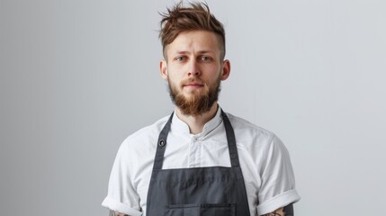Professional chef with a trimmed beard and tattoos stands with arms crossed, portraying a serious demeanor